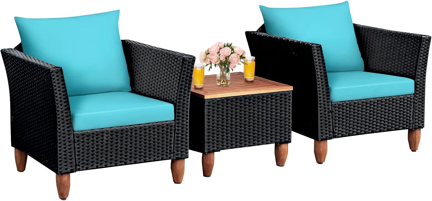 Tangkula 3 Piece Patio Furniture Set, Patiojoy Outdoor Wicker Rattan Bistro Sofa Set w/Washable Cushion, Acacia Wood Top Coffee Table, Conversation Set w/Adjustable Feet for Balcony Backyard Porch
