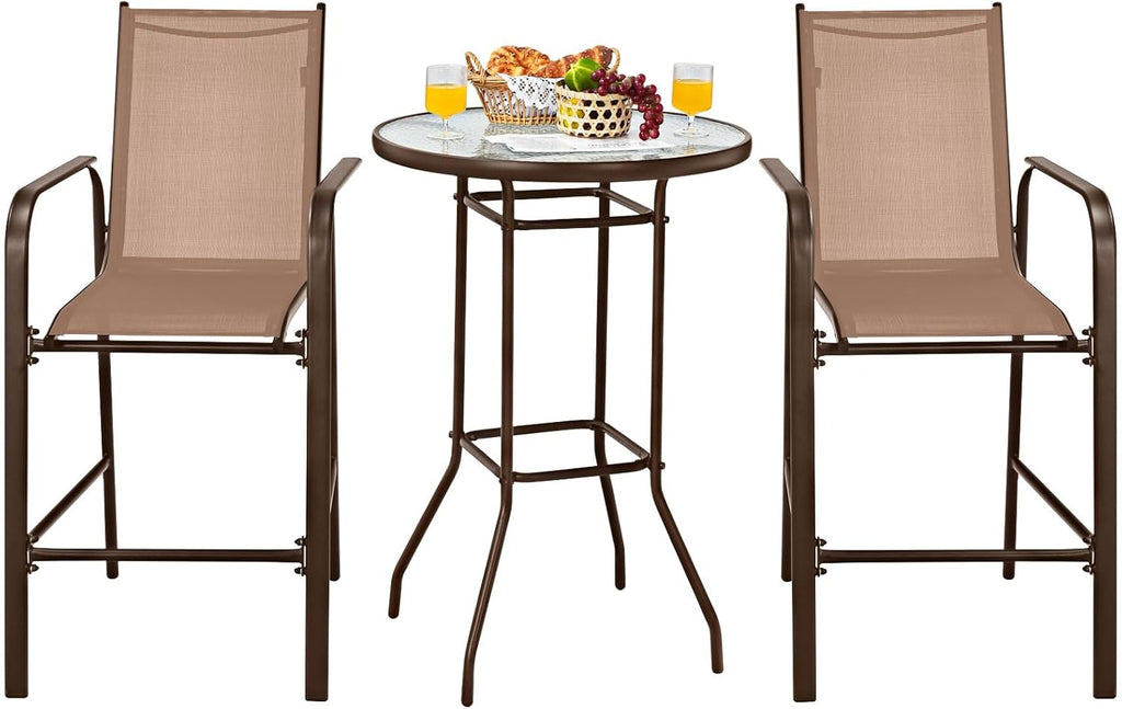 Tangkula 3 Pieces Outdoor Patio Bar Set, Outdoor Bistro Set with 2 Bar Stools and 1 Tempered Glass Bar Table, Bar Height Patio Table and Stools Set for Backyard, Garden, Lawn (Coffee)