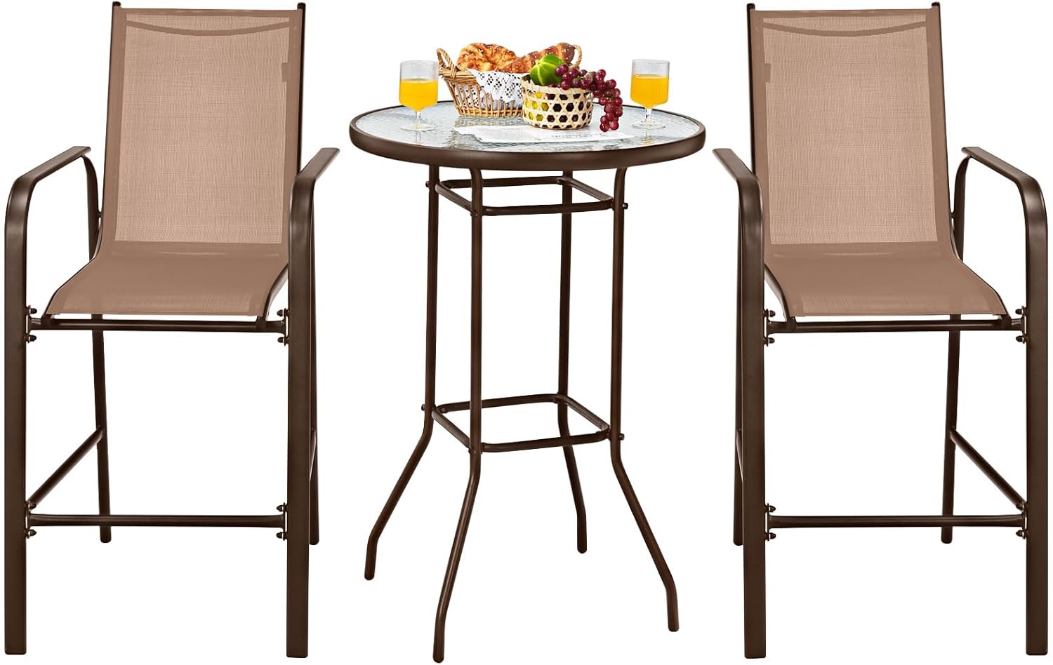 Tangkula 3 Pieces Outdoor Patio Bar Set, Outdoor Bistro Set with 2 Bar Stools and 1 Tempered Glass Bar Table, Bar Height Patio Table and Stools Set for Backyard, Garden, Lawn (Coffee)