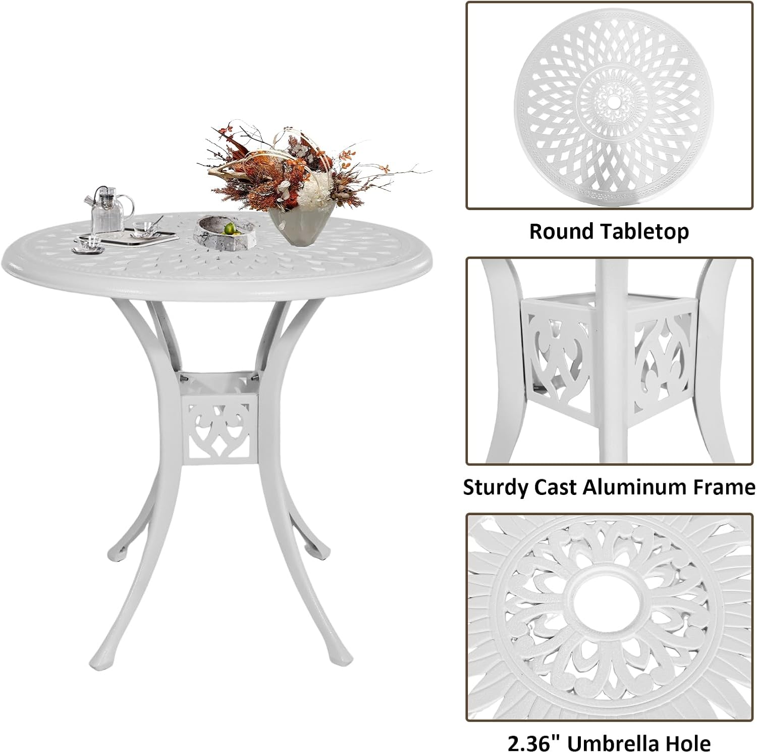 30.31' Outdoor Table and Chairs, Patio Table Set with 2.36' Umbrella Hole, Anti-Resistant Outdoor Dinning Set, Cast Aluminum Patio Furniture Set for Garden, Porch, Deck