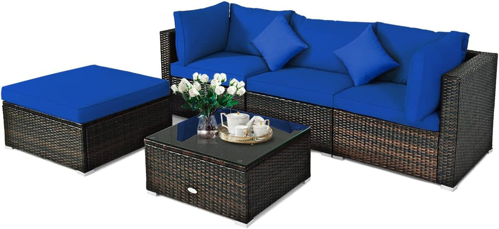 COSTWAY 5-Piece Outdoor Patio Furniture Set, Glass Top Coffee Table and Lounge Sofa with Cushions, PE Rattan Conversation Set for Garden, Deck, Backyard (Navy)