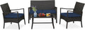 Tangkula 4 Pieces Outdoor Conversation Set, Patio PE Wicker Sofa with Tempered Glass Coffee Table, Soft Seat Cushions Included, Modern Rattan Chair Table Set for Porch, Backyard (1, Navy)
