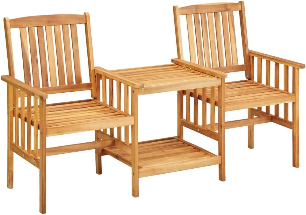 vidaXL Farmhouse Style Patio Chairs with Tea Table Set, Solid Acacia Wood Outdoor Bistro Furniture with Comfortable Cushions - Taupe