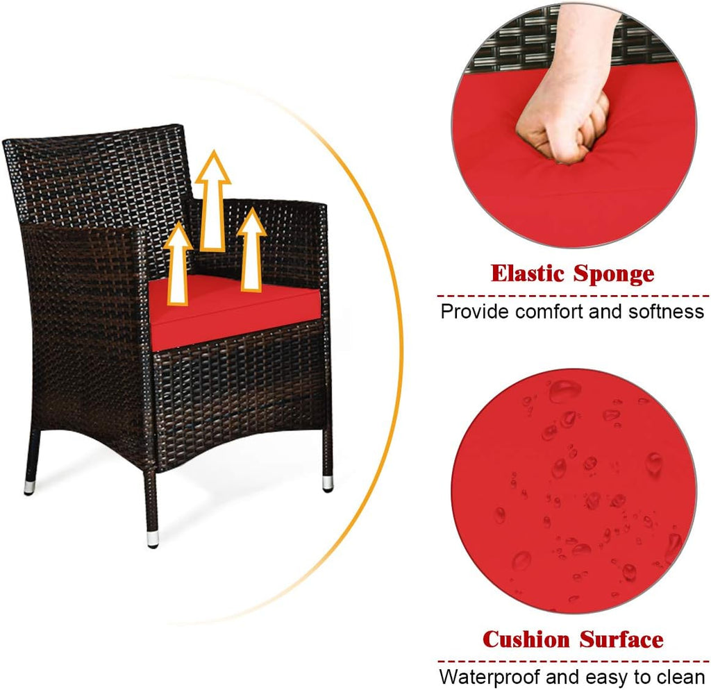 COSTWAY 4PCS Rattan Patio Furniture Set, Outdoor Wicker Rattan Chairs with Coffee Table, Rattan Cushioned Conversation Set for Backyard Balcony Porch Poolside, Red