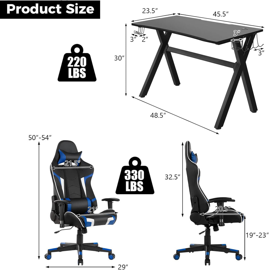 GYMAX Gaming Chair, Massage Gaming Chairs for Adults with Headrest, Lumbar Support & Armrest, Video Computer Reclining Gaming Chair, Office Desk Gamer Task Chair (Blue with Black X-Shape Desk)