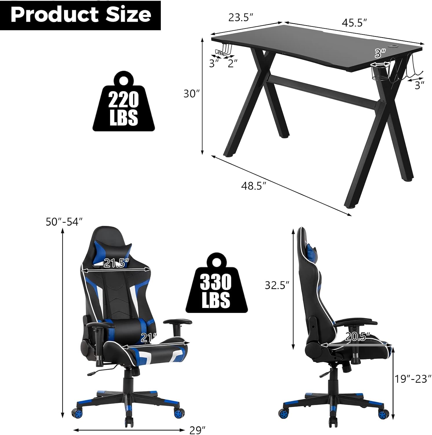 GYMAX Gaming Chair, Massage Gaming Chairs for Adults with Headrest, Lumbar Support & Armrest, Video Computer Reclining Gaming Chair, Office Desk Gamer Task Chair (Blue with Black X-Shape Desk)