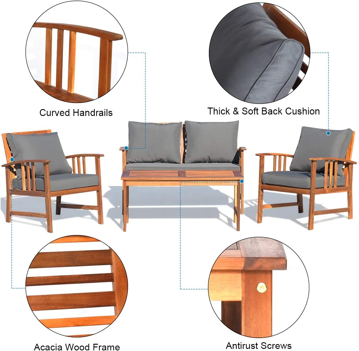 Tangkula 4 Pieces Acacia Wood Patio Furniture Set, Outdoor Seating Chat Set with Gray Cushions & Back Pillow, Conversation Set with Coffee Table, Ideal for Garden, Backyard, Poolside