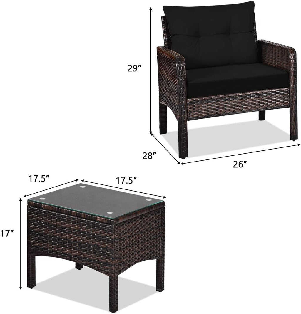 HAPPYGRILL 3 Pieces Patio Conversation Set Outdoor Rattan Wicker Furniture Set with Coffee Table & Chairs Patio Bistro with Seat Cushions for Garden Balcony Backyard Poolside