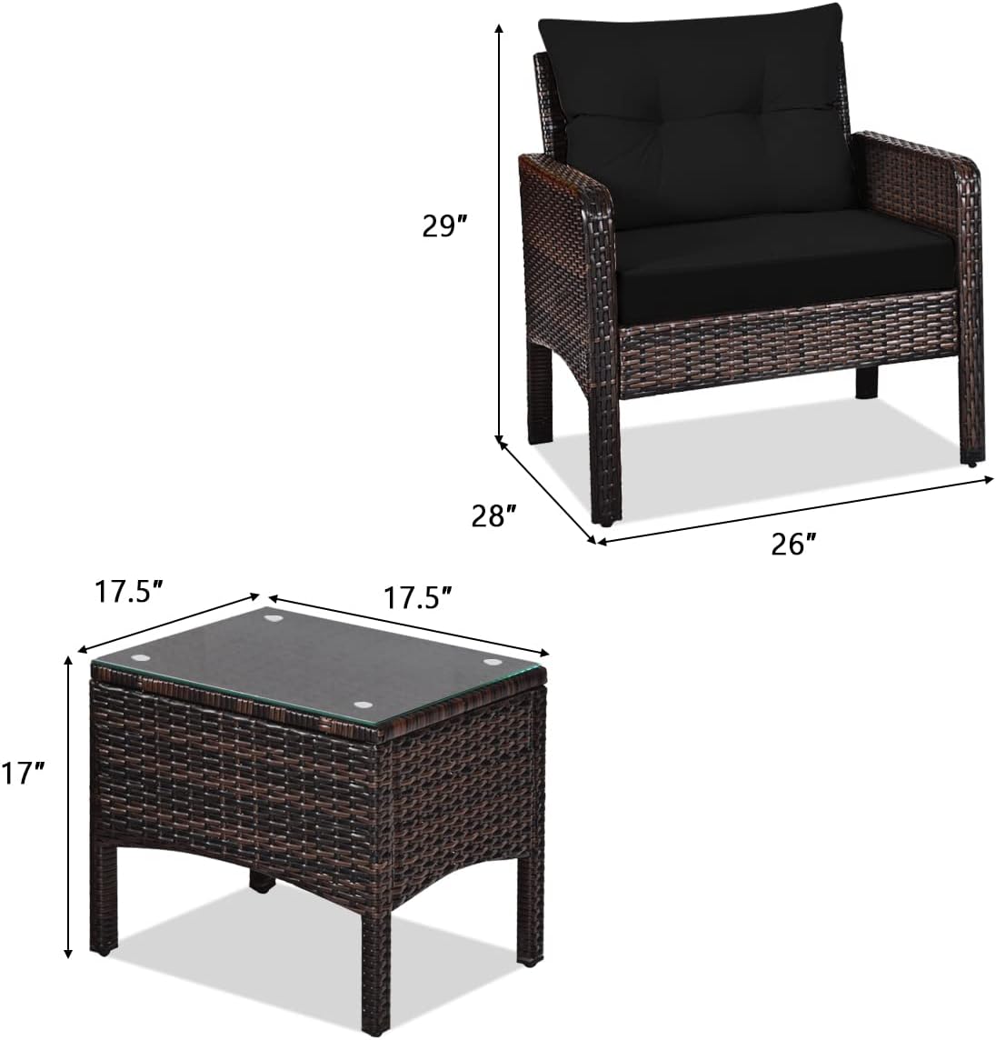 HAPPYGRILL 3 Pieces Patio Conversation Set Outdoor Rattan Wicker Furniture Set with Coffee Table & Chairs Patio Bistro with Seat Cushions for Garden Balcony Backyard Poolside