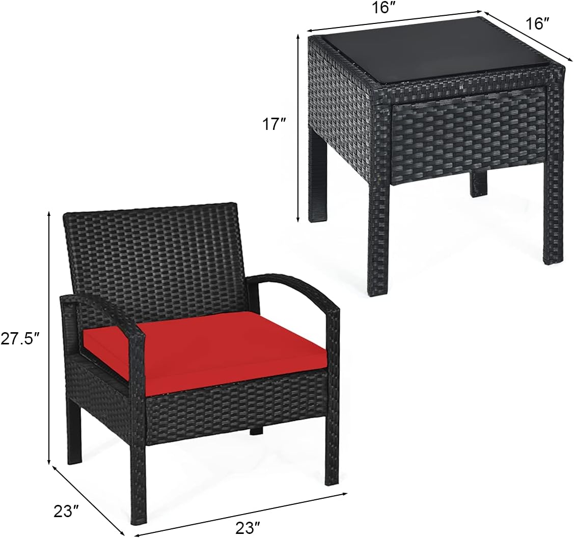 Tangkula 3 PCS Patio Conversation Set, Outdoor Rattan Sofa Set with Seat Cushions & Coffee Table, Patio Wicker Furniture Set for Garden Balcony Backyard Poolside (Red)