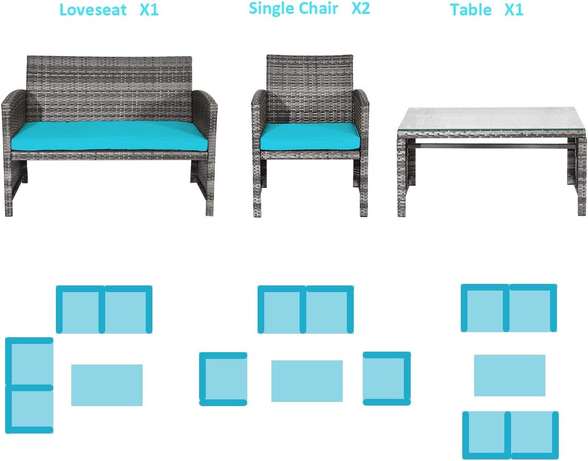 COSTWAY Patio Furniture Set 4 Pieces, Outdoor Wicker Chairs Sofa w/Coffee Table and Soft Cushions, Rattan Conversation Sets for Patio Lawn Backyard Yard Pool Garden, Turquoise