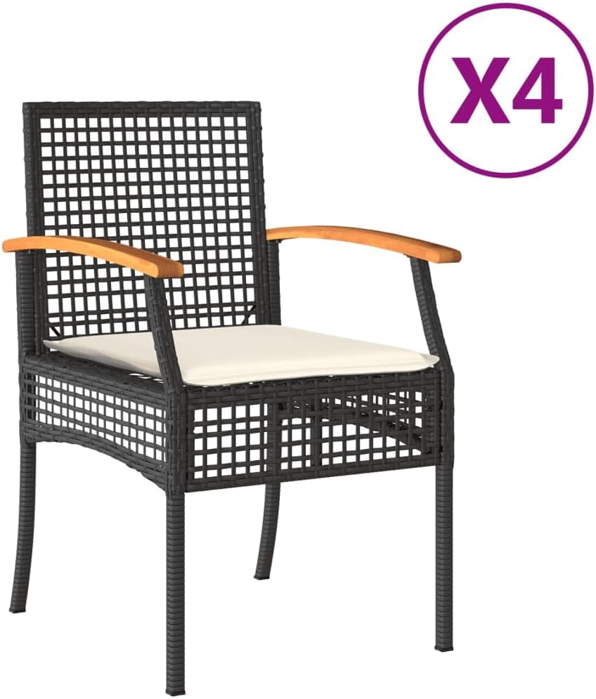 vidaXL Patio Chairs/Cushions Set - 4 Pcs Black Poly Rattan & Acacia Wood for Outdoor/Garden - Durable, Easy-to-Clean, Weather-, Removable Cushion Covers, Sturdy Steel Frame, Assembly Required, 21