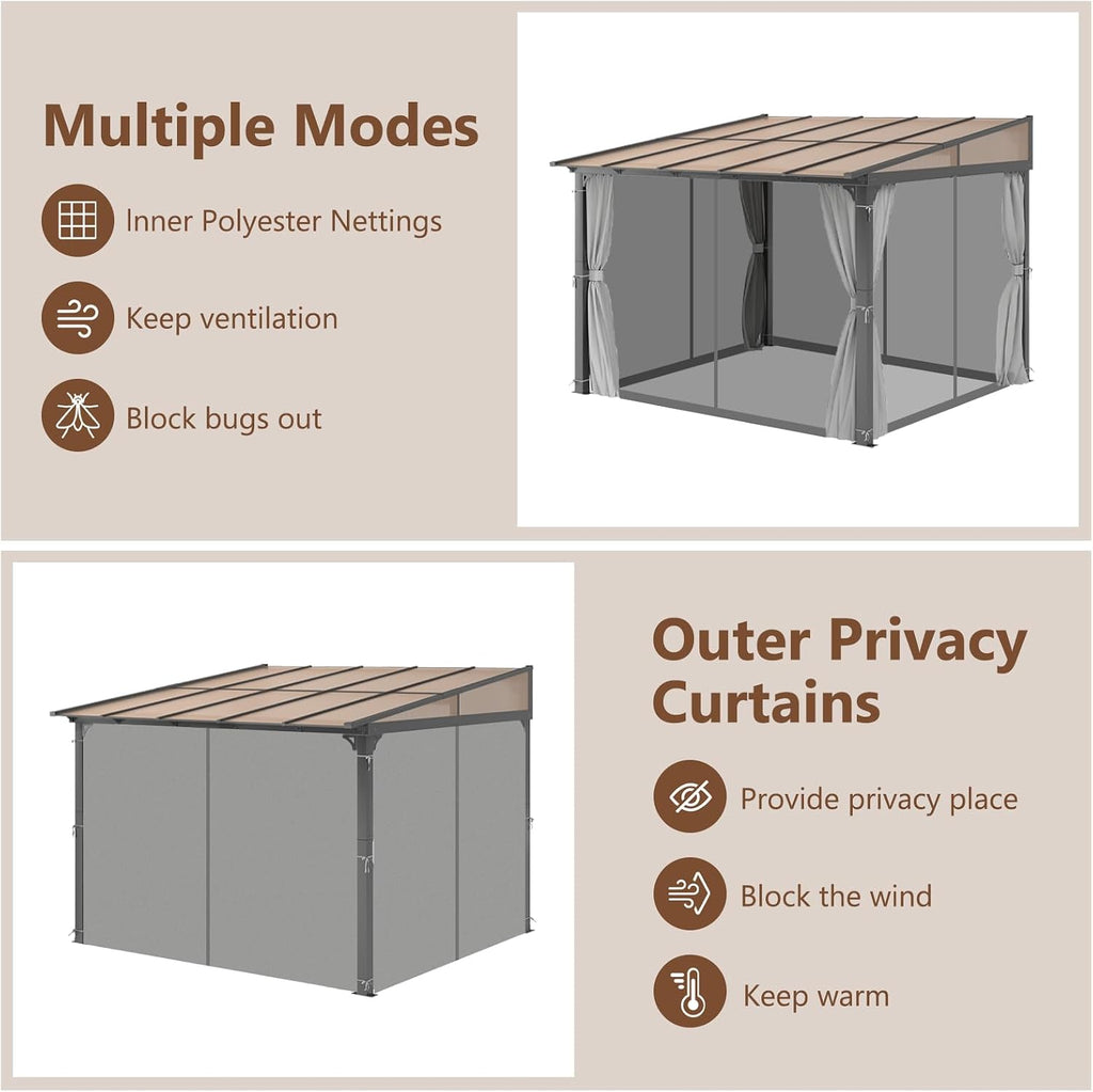 10'x10' Lean to Gazebo with Aluminum Frame, Polycarbonate Panel Sloped Roof, Wall Gazebos Pergola with Curtains and Netting for Patio,Decks, Garden and Lawn