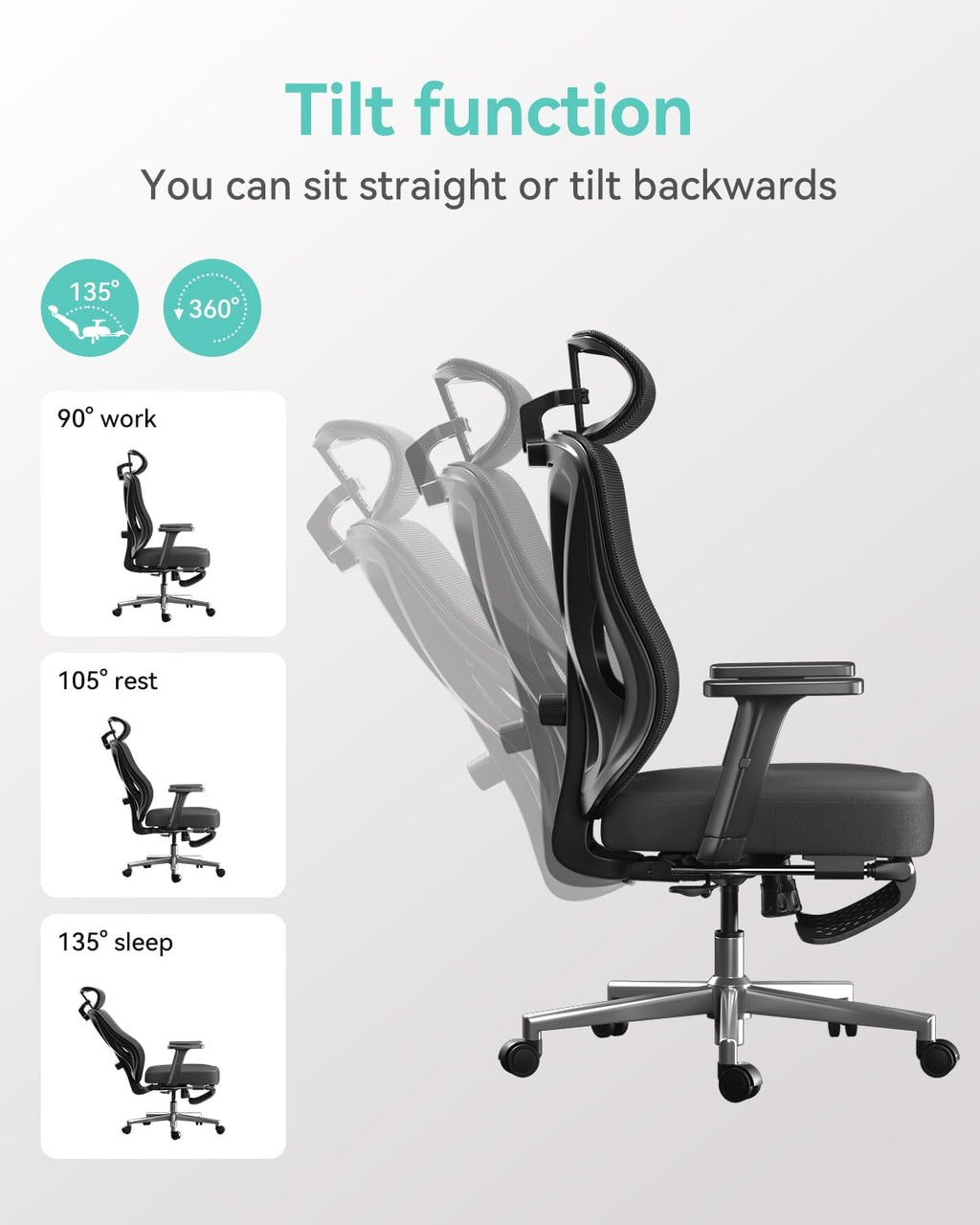 Hbada P5 Ergonomic Office Chair, Desk Chair with Adjustable Lumbar Support and Height, Comfortable Mesh Computer Chair with Footrest 2D Headrest, Swivel Tilt Function Black