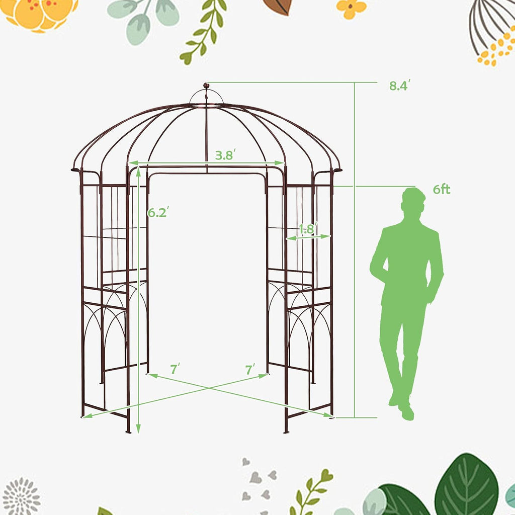 HAPPYGRILL Birdcage Shape Garden Arbor, 7 x 8.4 ft Heavy Duty Metal Garden Gazebo Pergola with Trellis, Garden Arch Trellis for for Climbing Plants Wedding Party Decor Outdoor Arch Pavilion for Lawn