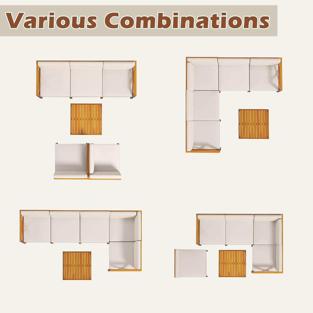 Tangkula 6 Pieces Acacia Wood Patio Furniture Set, Outdoor Sectional Conversation Set with Cushions and Coffee Table, L Shaped Corner Sofa Set for Garden, Porch, Poolside and Backyard (Off White)