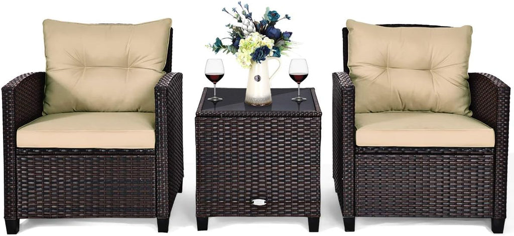 AUGESTER 3 PCS Patio Furniture Set, Outdoor PE Rattan Wicker Conversation Sofa Set w/Washable Cushion and Tempered Glass Tabletop, All Weather Chat Sofa for Garden Poolside Balcony Porch (Beige)