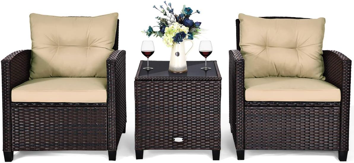 AUGESTER 3 PCS Patio Furniture Set, Outdoor PE Rattan Wicker Conversation Sofa Set w/Washable Cushion and Tempered Glass Tabletop, All Weather Chat Sofa for Garden Poolside Balcony Porch (Beige)