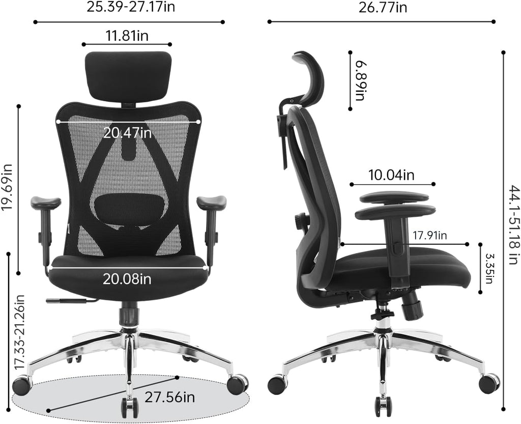 SIHOO M18 Ergonomic Office Chair, High Back Mesh Desk Chair with Adjustable Headrest & Lumbar Support, 330lbs Capacity Computer Chair with 2D Armrests & Wide Cushion, Tilt Lock, for Home Office-Black