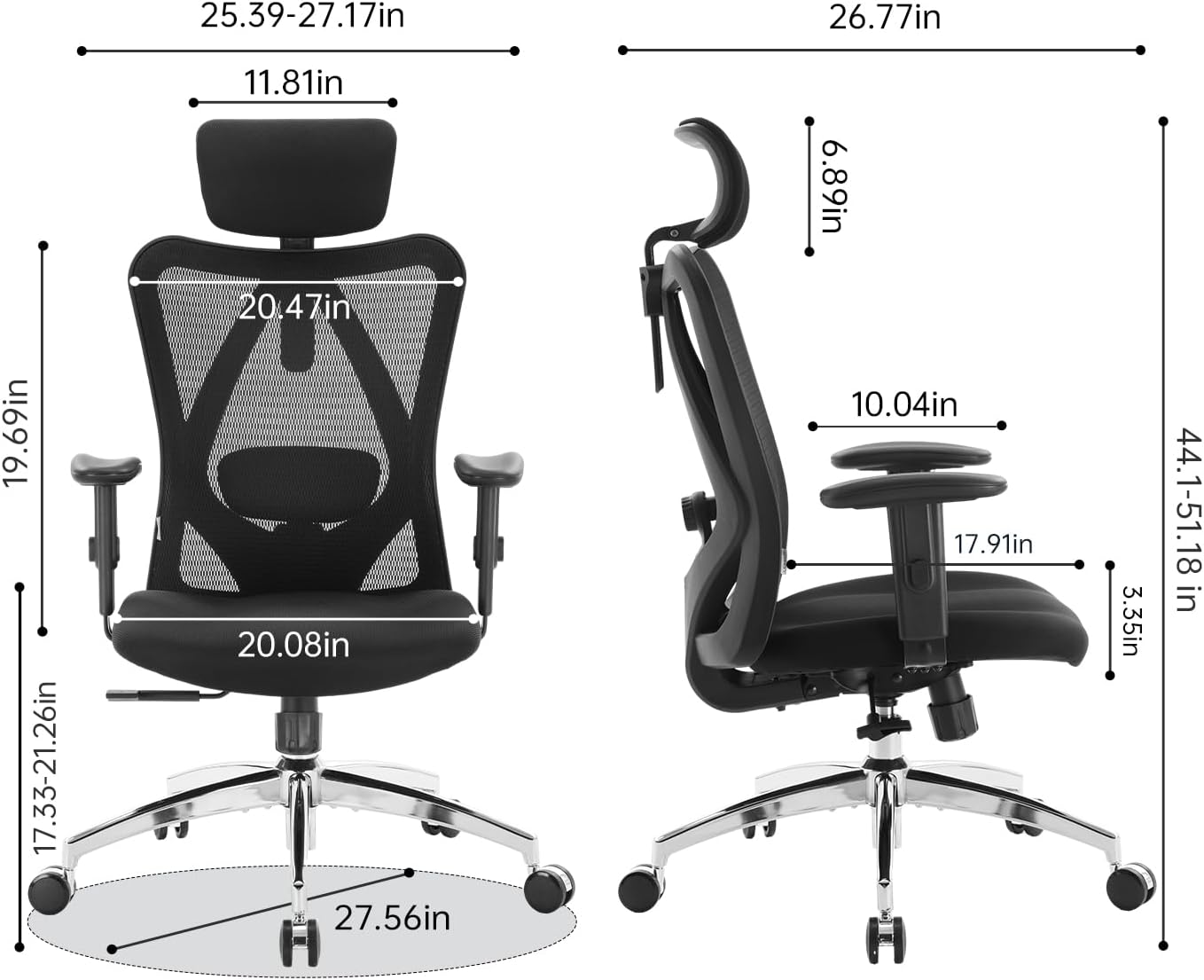 SIHOO M18 Ergonomic Office Chair, High Back Mesh Desk Chair with Adjustable Headrest & Lumbar Support, 330lbs Capacity Computer Chair with 2D Armrests & Wide Cushion, Tilt Lock, for Home Office-Black