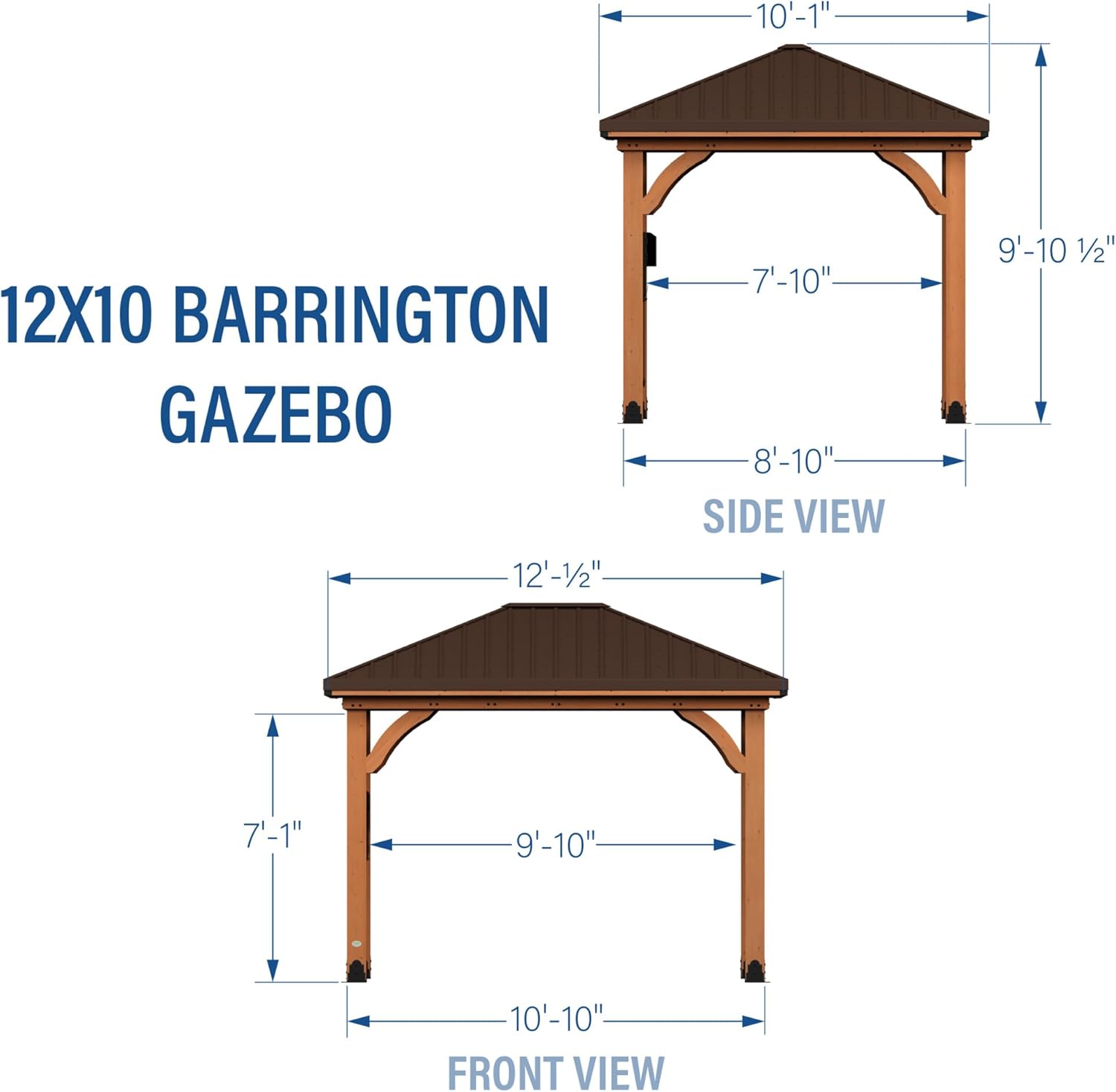 Backyard Discovery Barrington 12' x 10' Cedar Wood Outdoor Gazebo Pavilion with Hardtop Galvanized Steel Hip Roof, Snow Support, Wind Resistance, PowerPort, Shade for Garden, Patio, Deck, Entertaining