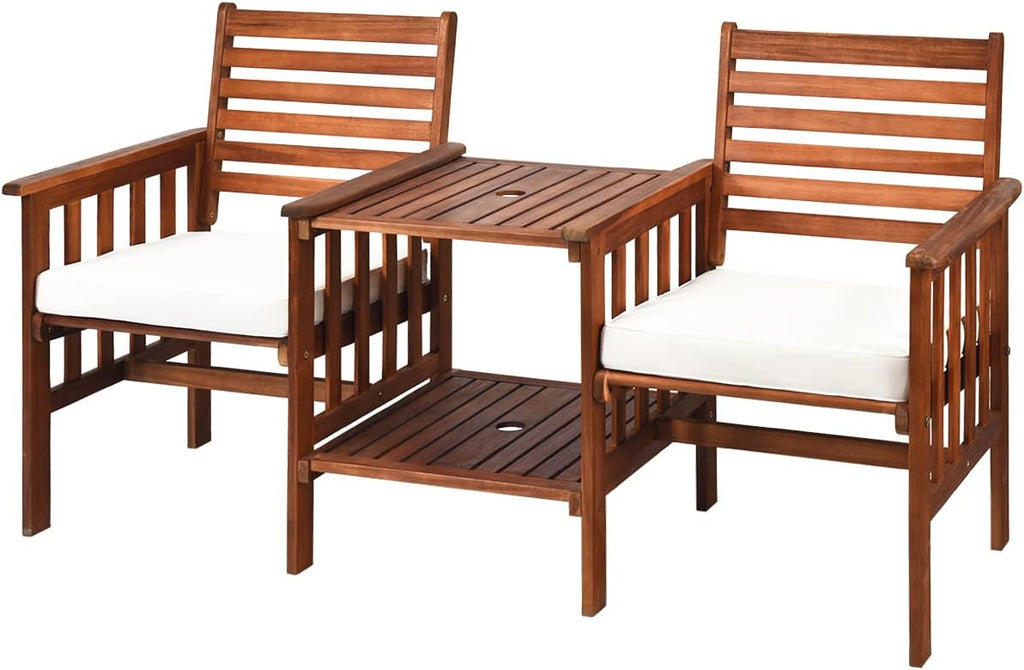 Tangkula Acacia Wood Loveseat, 3pcs Outdoor Table Chairs Set, Patio Conversation Set w/Coffee Table and Soft Cushions, 2.1-inch Umbrella Hole, 2-Seater Furniture Set (White)