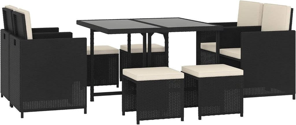Outsunny 9 Pieces Outdoor Dining Set for 8, Space Saving Wicker Chairs and Square Glass Table with Cushions and Ottomans, Rattan Conversation Patio Furniture Set for Garden, Black/Cream White
