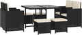 Outsunny 9 Pieces Outdoor Dining Set for 8, Space Saving Wicker Chairs and Square Glass Table with Cushions and Ottomans, Rattan Conversation Patio Furniture Set for Garden, Black/Cream White