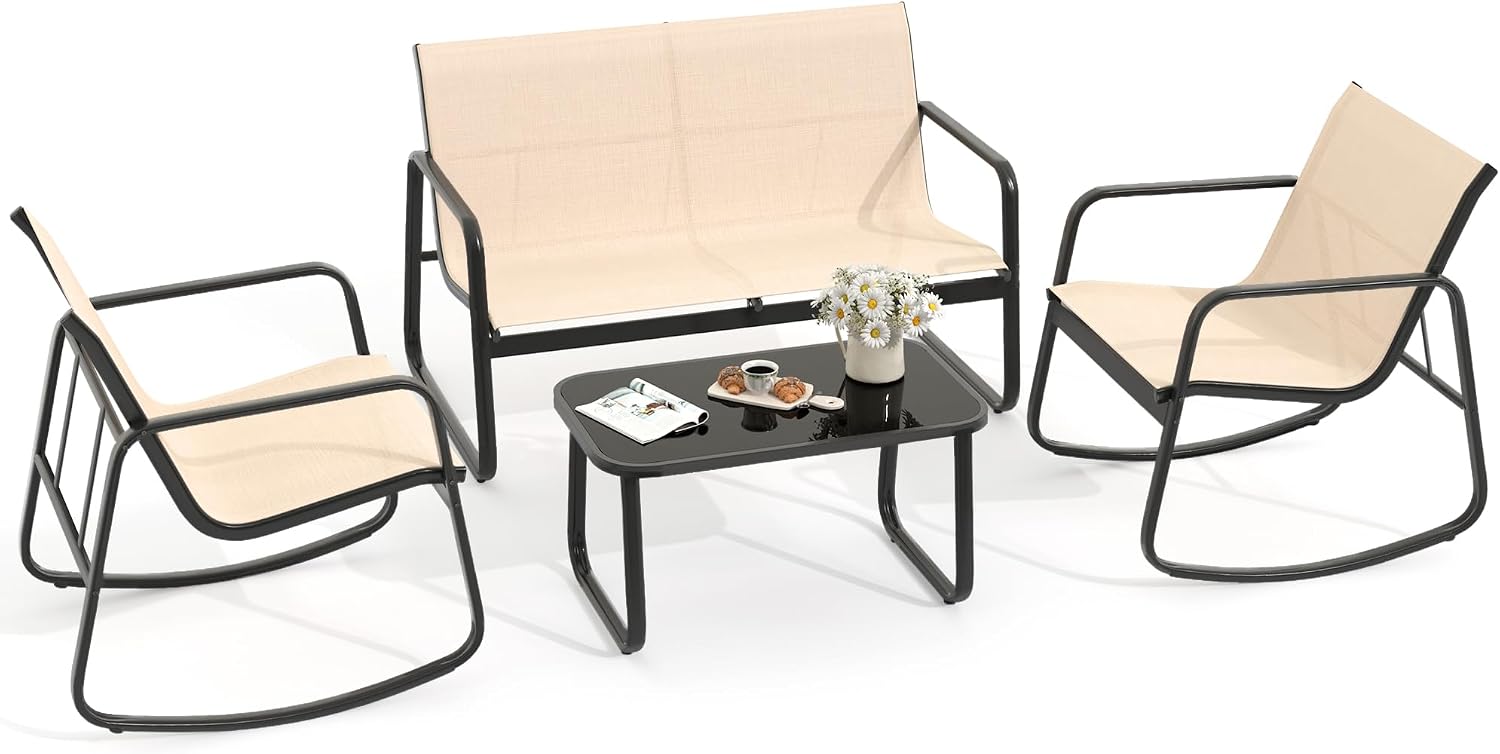YITAHOME 4 Pieces Patio Furniture Set, Outdoor Textilene Conversation Sets Rocking Bistro Chairs, Loveseat and Glass Table for Living Room Lawn Garden Balcony Poolside Backyard (Brown)