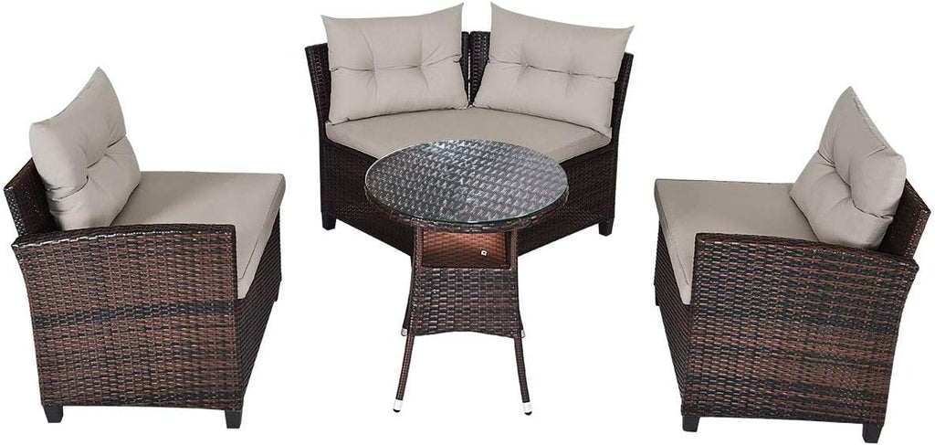 Tangkula 4-Piece C Shape Patio Furniture Set, Outdoor Corner Wicker Rattan Sectional Cushioned Sofa Set, with Glass Coffee Table, for Garden Poolside Balcony (Beige)