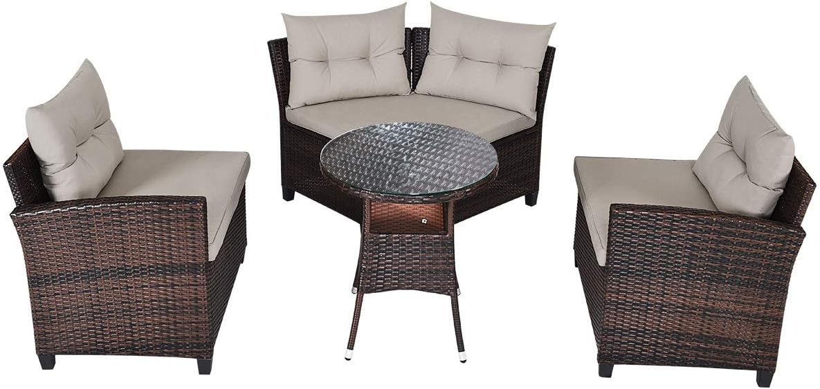 Tangkula 4-Piece C Shape Patio Furniture Set, Outdoor Corner Wicker Rattan Sectional Cushioned Sofa Set, with Glass Coffee Table, for Garden Poolside Balcony (Beige)