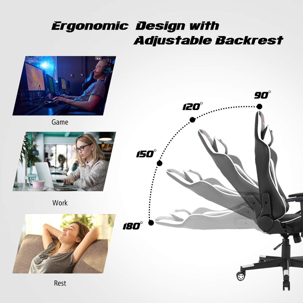 Goplus Massage Gaming Chair, Reclining Backrest Handrails and Seat Height Adjustment Racing Computer Office Chair, Ergonomic High Back Embroidered PU Swivel Game Chair with Headrest and Lumbar Cushion