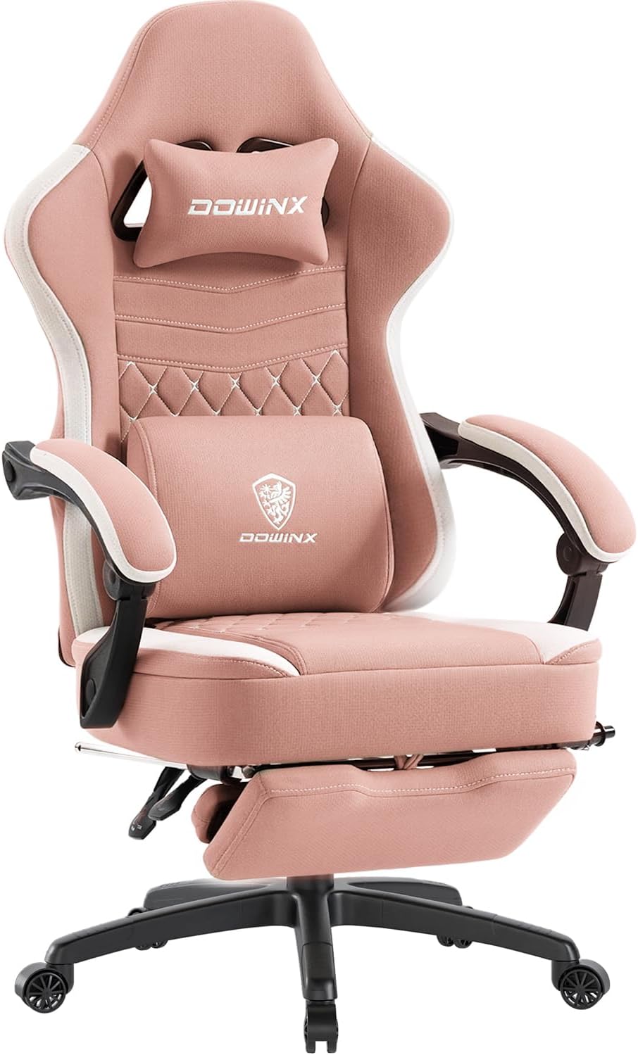 Dowinx Gaming Chair Breathable Fabric Game Chair with Gel Pad and Storage Bag, Comfortable Gamer Chair with Pocket Spring Cushion, Ergonomic Computer Chair with Footrest, Pink and White