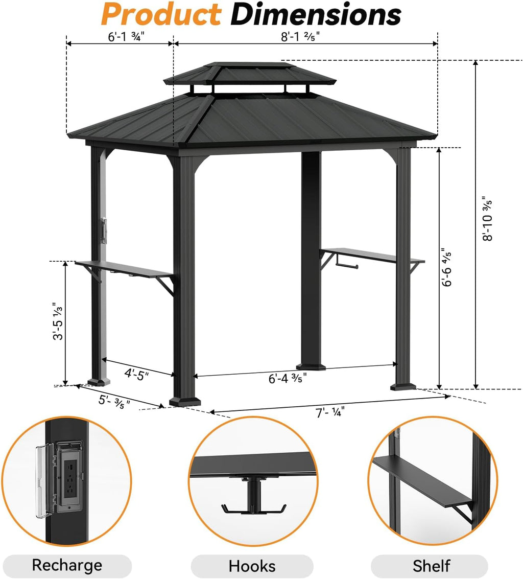 Modern Shade 6' X 8' Grill Gazebo, Aluminum Hardtop BBQ Gazebos with Shelves and Ceiling Hook, Outdoor Grill Gazebo with Galvanized Steel Roof, Extra-Wide Column Design, Grill Canopy for Patio, Black