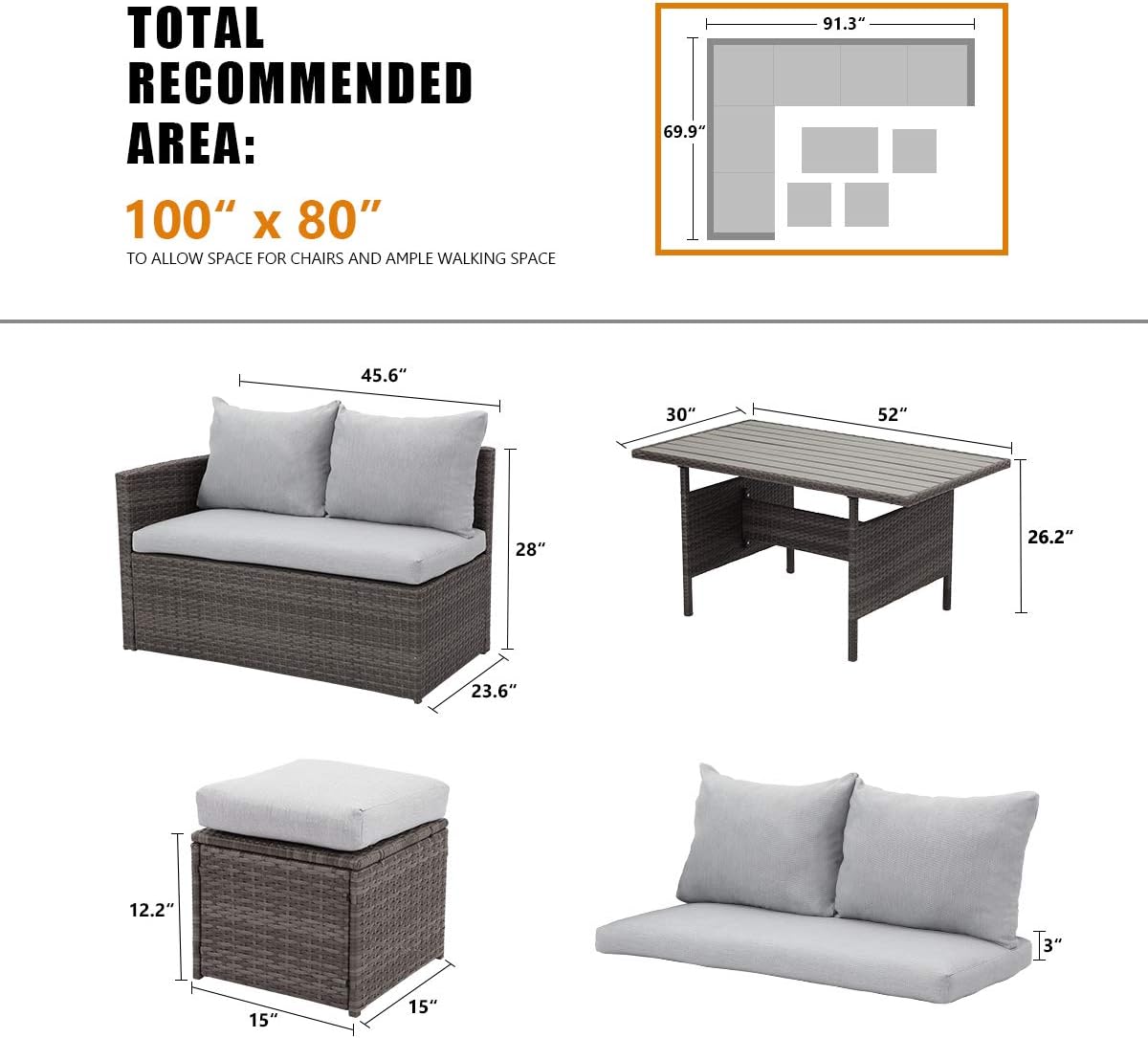 Wisteria Lane 7 Piece Patio Furniture Set, Wicker Patio Sectional with Wide Armrest, All Weather Outdoor Dining Set, Outdoor Furniture Patio Conversation Set with Ottoman, Light Grey