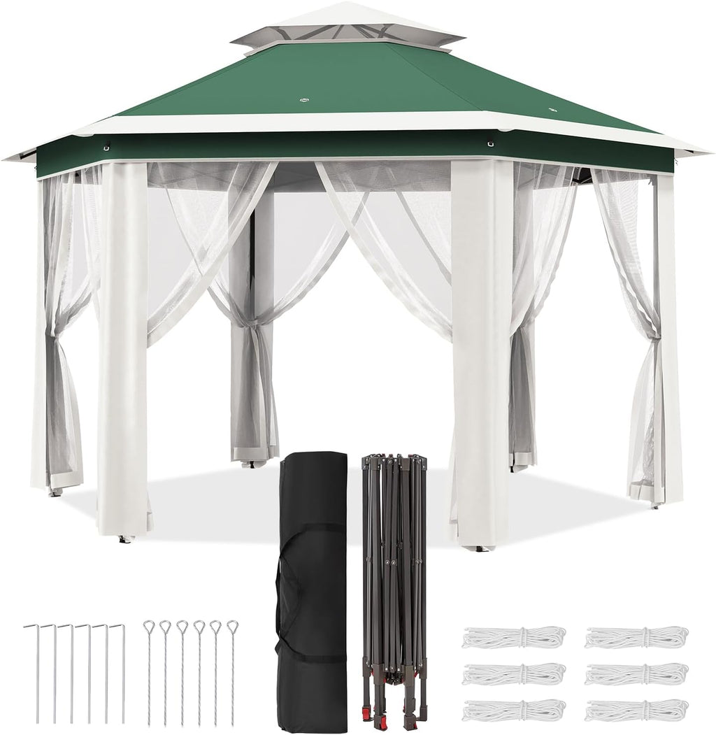 13'X13' Pop Up Gazebo,Patio Portable Gazebos with Mosquito Netting,Double-Layer Outdoor Canopy Tent,Hexagonal Pavilion for Garden Backyard Lawn & Deck,Heavy Duty Party