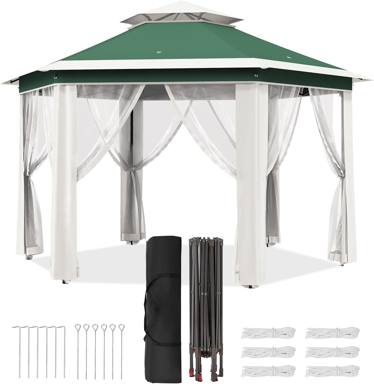 13'X13' Pop Up Gazebo,Patio Portable Gazebos with Mosquito Netting,Double-Layer Outdoor Canopy Tent,Hexagonal Pavilion for Garden Backyard Lawn & Deck,Heavy Duty Party