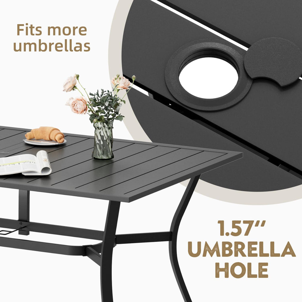 MELLCOM 7 Pieces Outdoor Dining Set, 6 Swivel Rocker Chairs with High Back Textilene & Rectangular Metal Dining Table with Umbrella Hole, Patio Furniture Set for Porch, Garden, Backyard, Blue