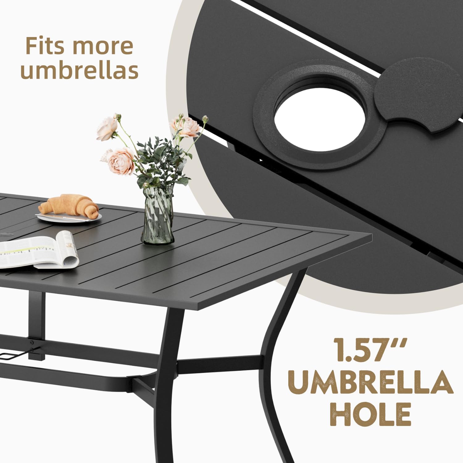 MELLCOM 7 Pieces Outdoor Dining Set, 6 Swivel Rocker Chairs with High Back Textilene & Rectangular Metal Dining Table with Umbrella Hole, Patio Furniture Set for Porch, Garden, Backyard, Blue