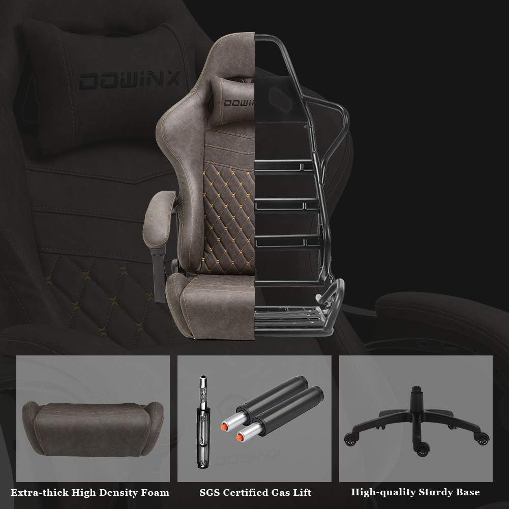Dowinx Gaming Chair Big and Tall, Ergonomic Game Chair for Adults with Footrest and Massage Lumbar Support, High Back Computer Gamer Chair PU Leather, 350Lbs, for Office, Home, Brown