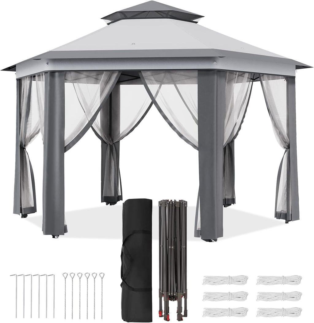 13'X13' Pop Up Gazebo,Patio Portable Gazebos with Mosquito Netting,Double-Layer Outdoor Canopy Tent,Hexagonal Pavilion for Garden Backyard Lawn & Deck,Heavy Duty Party