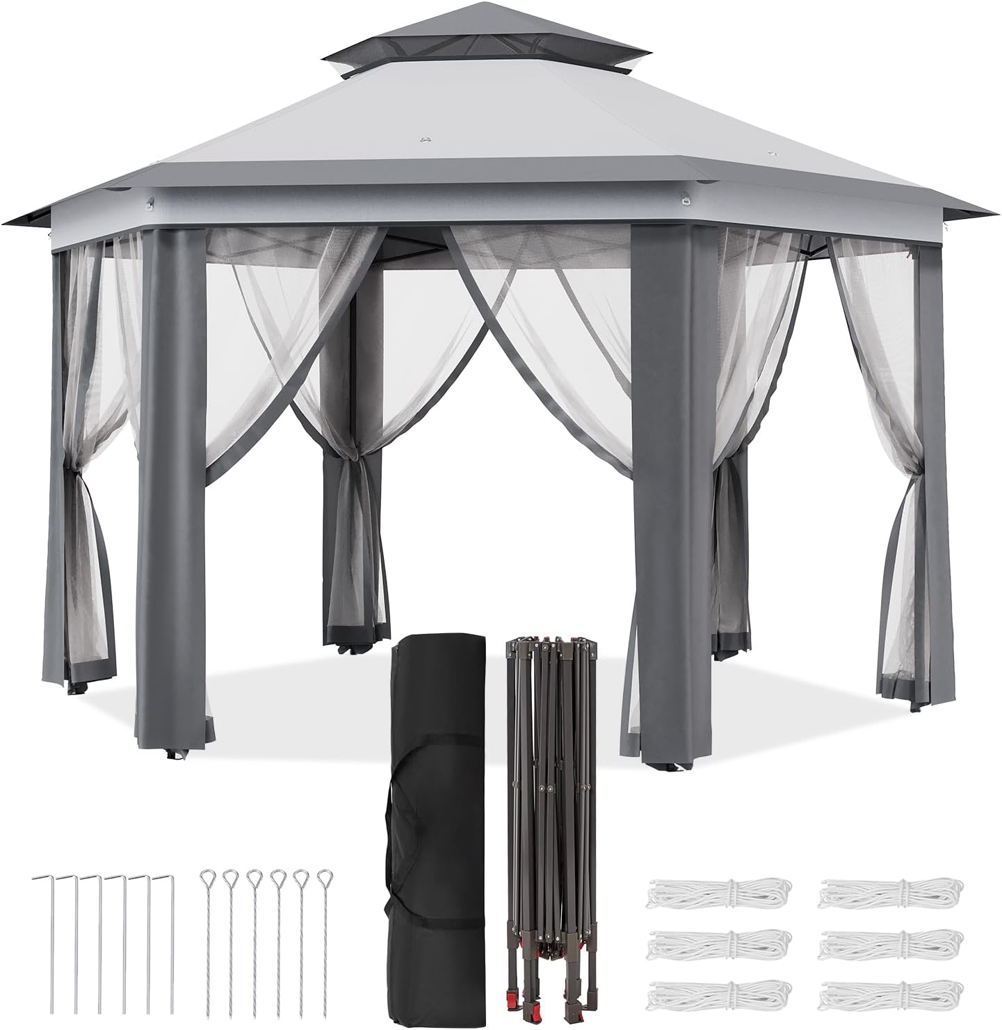 13'X13' Pop Up Gazebo,Patio Portable Gazebos with Mosquito Netting,Double-Layer Outdoor Canopy Tent,Hexagonal Pavilion for Garden Backyard Lawn & Deck,Heavy Duty Party