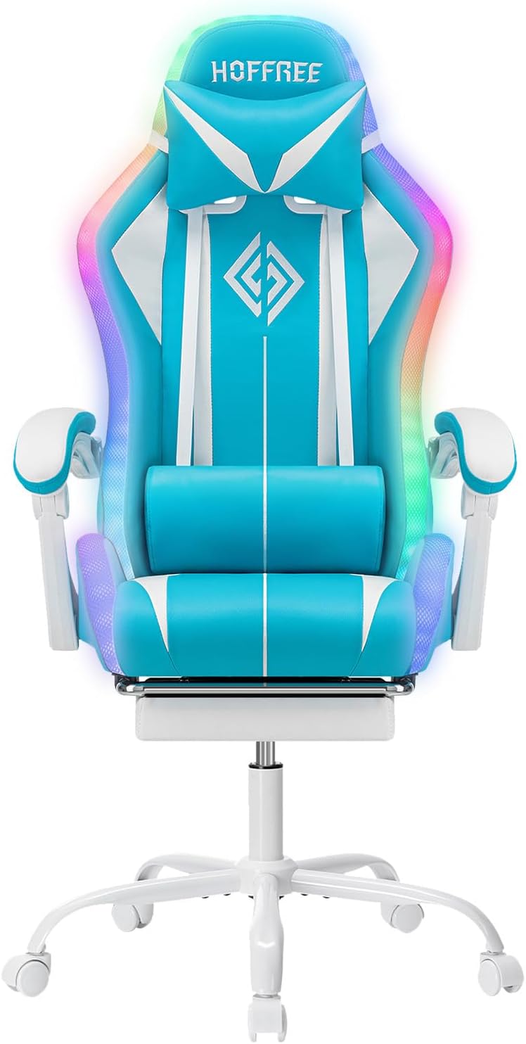 RGB Gaming Chair with LED Lights Massage Ergonomic Computer Gaming Chair High Back Video Game Chair with Footrest and Adjustable Lumbar Support Linkage Armrest Gamer Chairs for Adults Blue and White