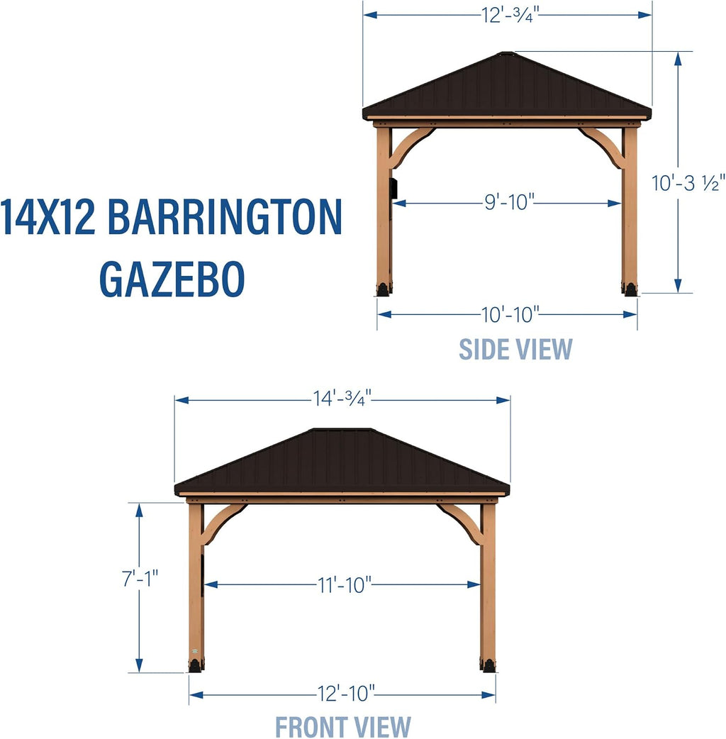 Backyard Discovery Barrington 14' x 12' Cedar Wood Outdoor Gazebo Pavilion with Hardtop Galvanized Steel Hip Roof, Snow Support, Wind Resistance, PowerPort, Shade for Garden, Patio, Deck, Entertaining