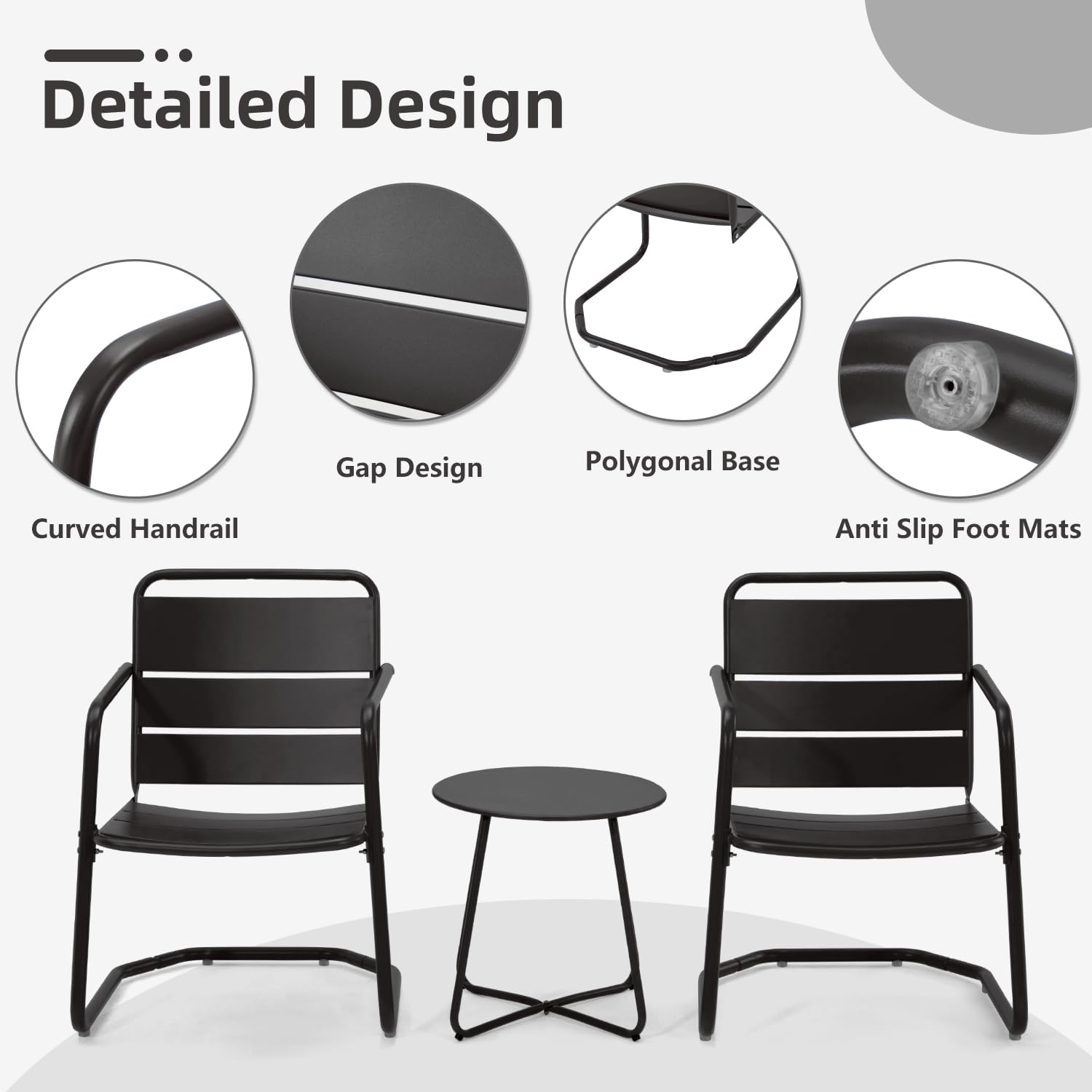 MELLCOM 3 Piece Patio Set, Small Patio Furniture Set - 2 C-Spring Metal Chairs with Round Side Table, Outdoor Bistro Set for Balcony, Front Porch, Poolside, Garden, Deck, Black
