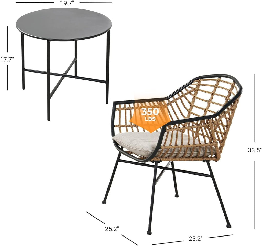 Grand patio Patio Furniture Set, Outdoor Wicker Patio Conversation Seating Chair with Cushions and Coffee Table, Boho Seating Chat Set for Indoor Outdoor, Balcony, Porch, Garden, Deck