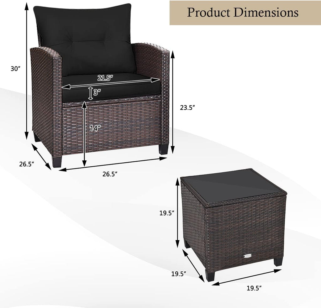 KOTEK 3 Piece Patio Furniture Set, Outdoor Conversation Set with Washable Cushions & Tempered Glass Tabletop, PE Rattan Wicker Bistro Set for Porch, Garden, Balcony (Black)