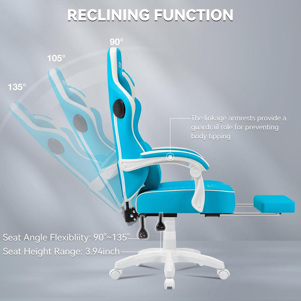 HOFFREE Gaming Chair with Speakers Massage Computer Gaming Chair with Pocket Spring Cushion for Adults Reclining Gamer Chair with Bluetooth Video Game Chairs with Footrest Sky Blue and White