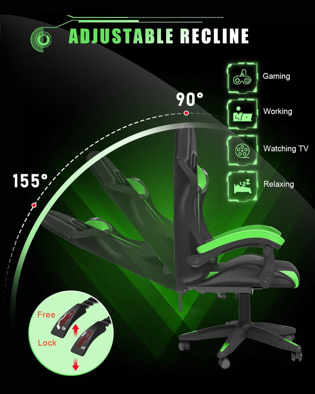 Racingreat Gaming Chair with RGB LED Lights, Ergonomic Computer Chair with Headrest and Lumbar Support, PU Leather High Back Height Adjustable Swivel Video Game Chairs for Adults(Green)