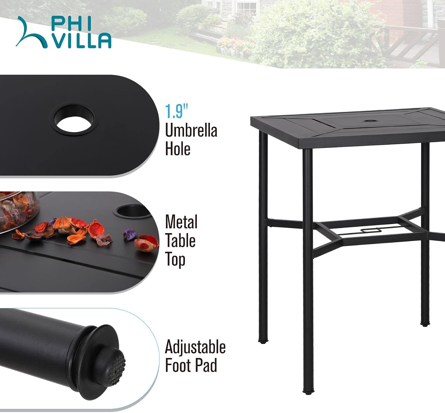 PHI VILLA 5 Piece Patio Bar Hight Dining Set for 4, Outdoor Bar Set with 4 Swivel Cushioned Bar Stools and 1 Square Metal Bar Table(1.9' Umbrella Hole) for Lawn Garden